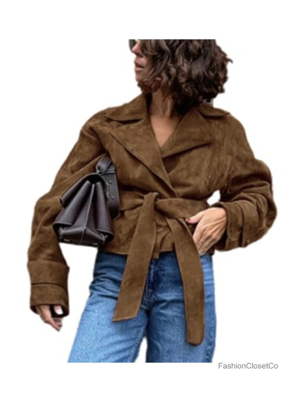 Faux Suede Jacket Women Belted Cropped Long Sleeve Casual